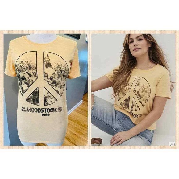 New‎ Torrid 1 (1X 14/16) Woodstock 1969 Peace Sign Yellow Graphic Classic TShirt - Picture 1 of 1